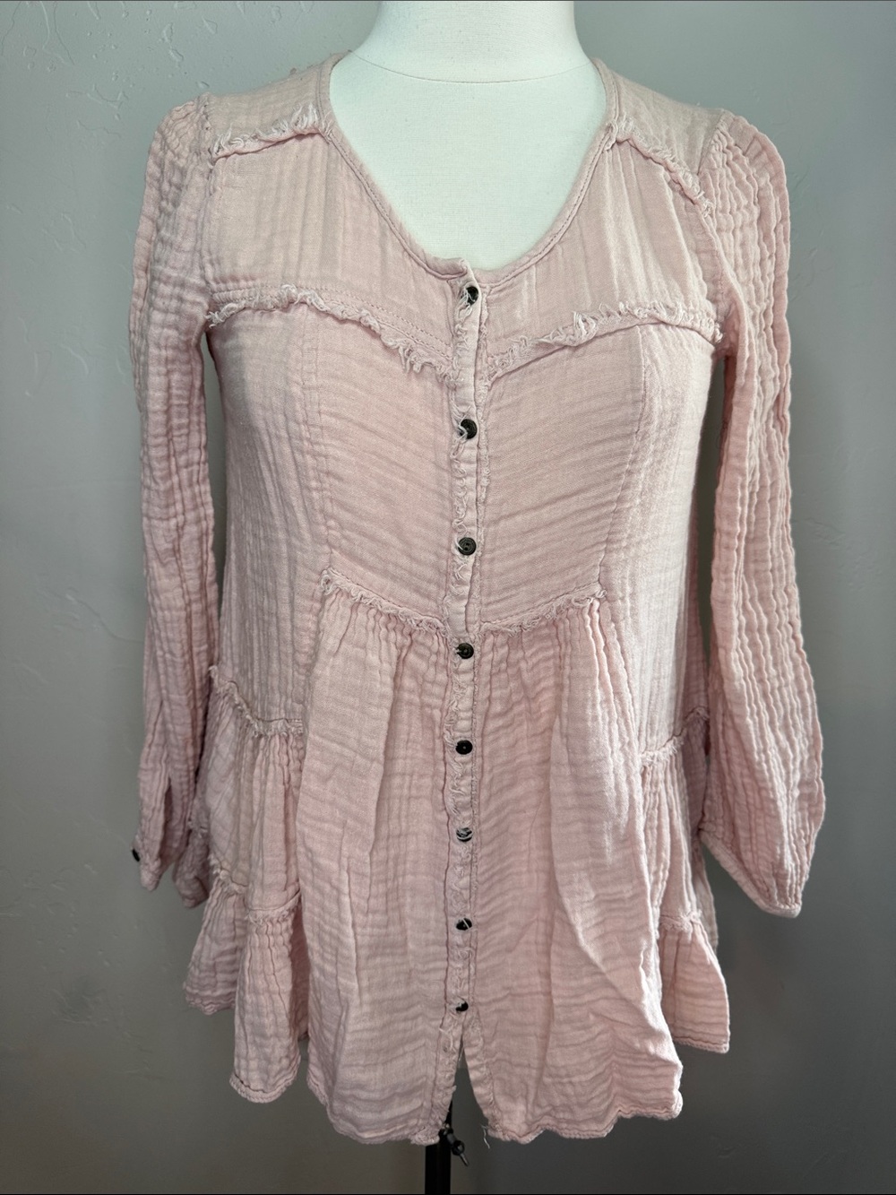 Free People Blush Pink Button-Front Gauze Tunic with Pockets